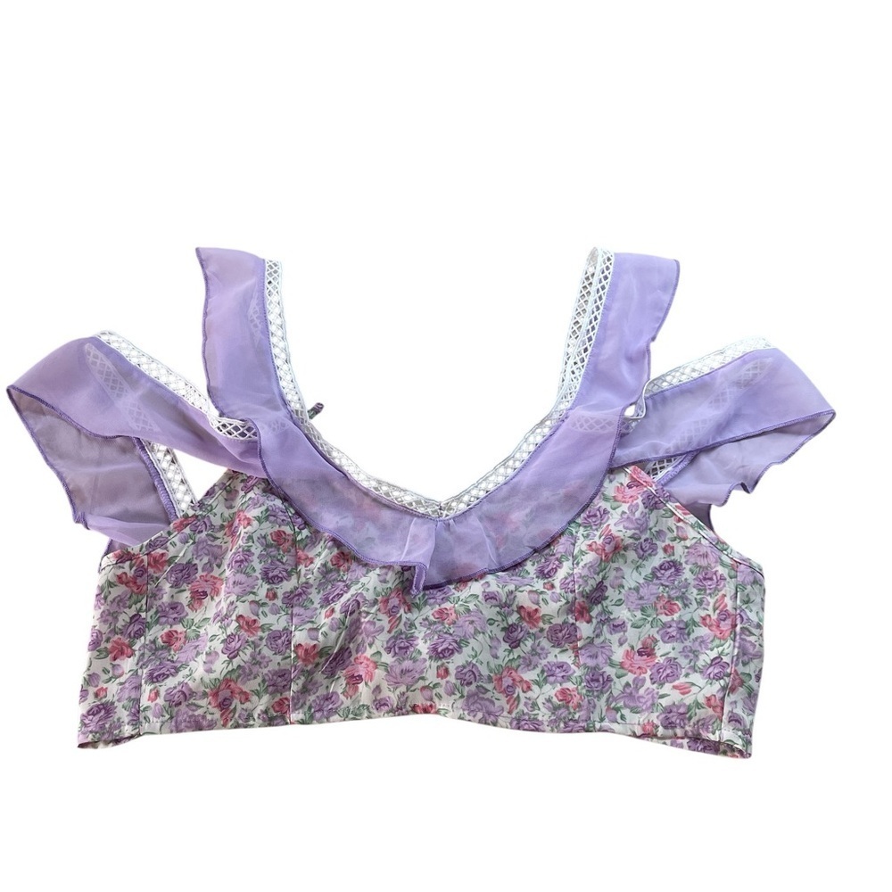 Suzanne Betro Floral Crop Top Size S Purple Sheer Ruffle Boho Bra Cottagecore